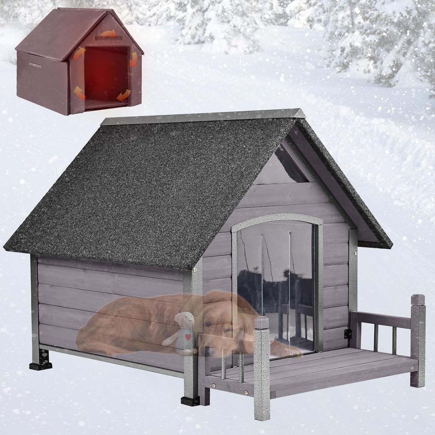 Grey 45" Insulated Outdoor Large Dog Kennel Anti-Chewing Iron Frame