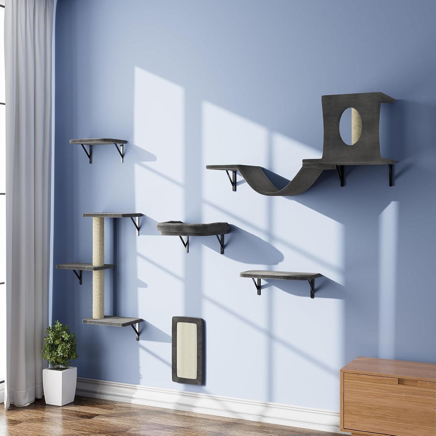 Dark 6-Piece Wall-Mounted Cat Furniture Set with Climber Scratcher
