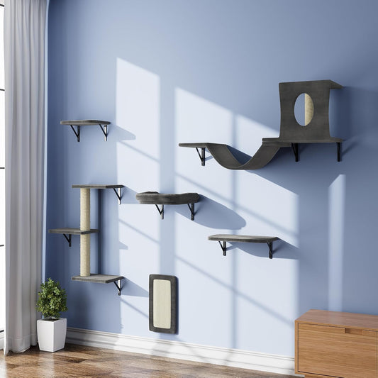Dark 6-Piece Wall-Mounted Cat Furniture Set with Climber Scratcher