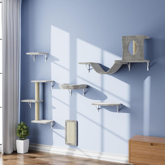 Grey 6-Piece Wall-Mounted Cat Furniture Set with Climber