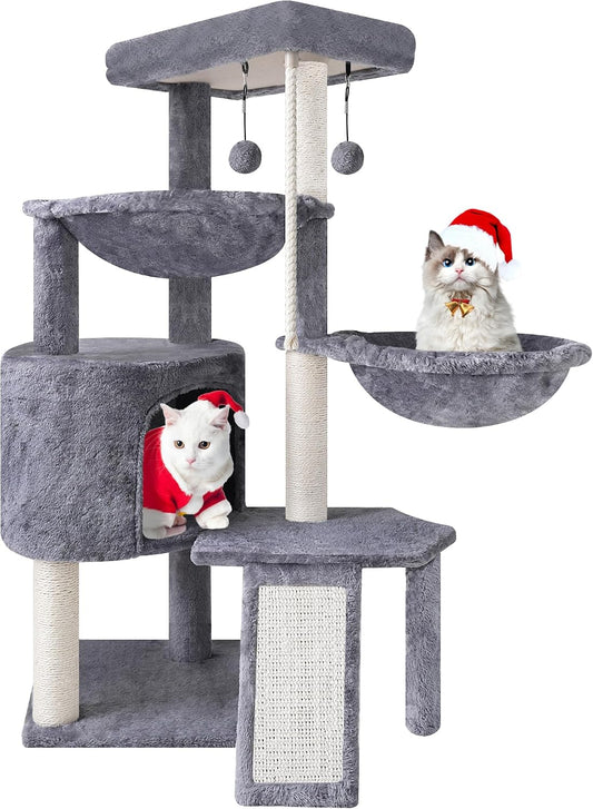 Grey Three-Layer Cat Tree with Condo and Two Hammocks