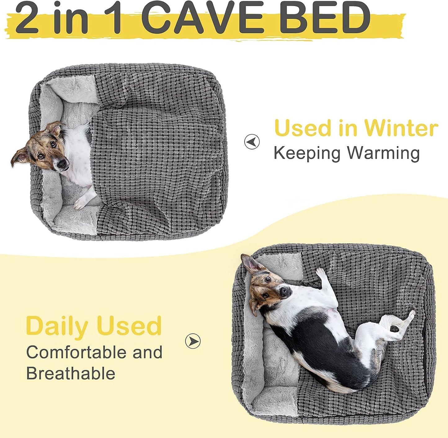 Grey Rectangle Cave Hooded Orthopedic Dog Cat Bed 20"