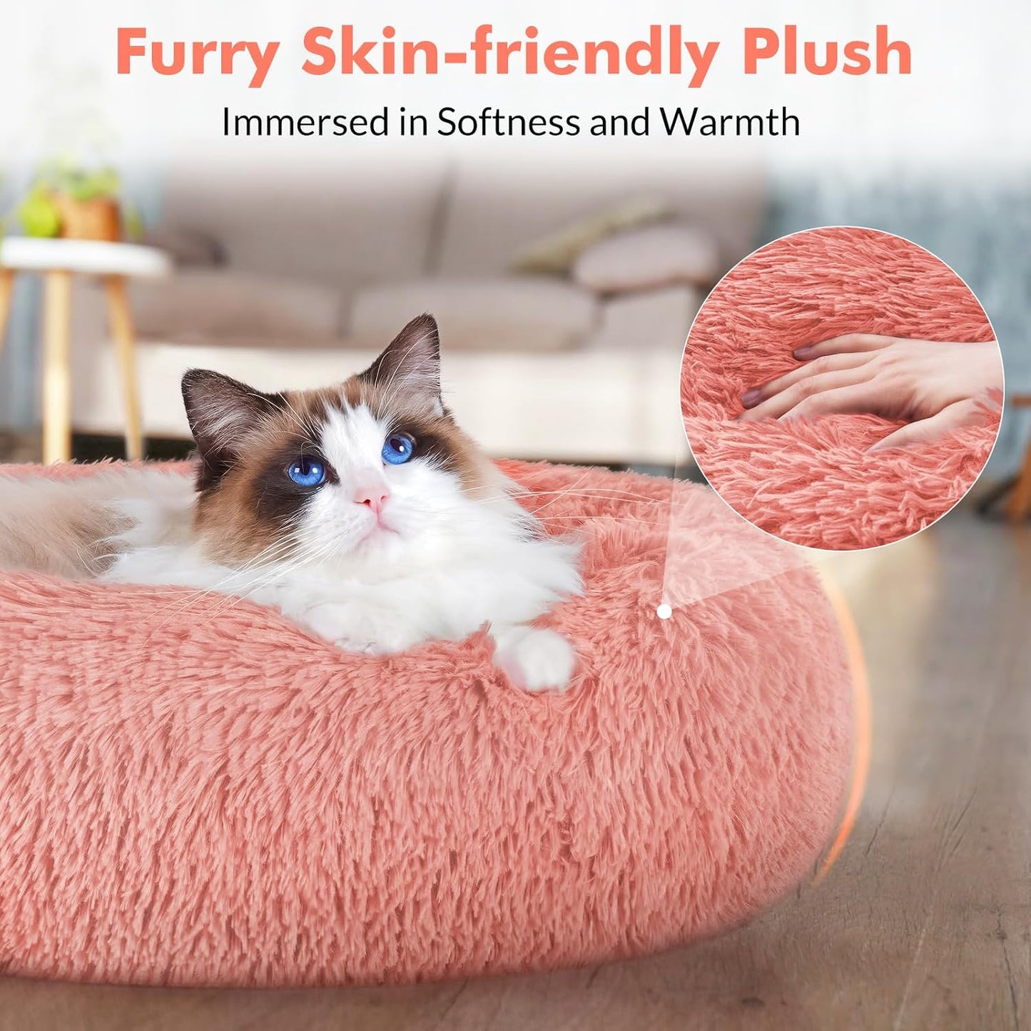 Light Pink Washable Fluffy Round Donut Cat Bed 20"