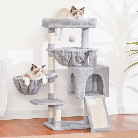 Light Gray Cat Tree with Padded Bed, Condo, Hammocks, Scratching Posts