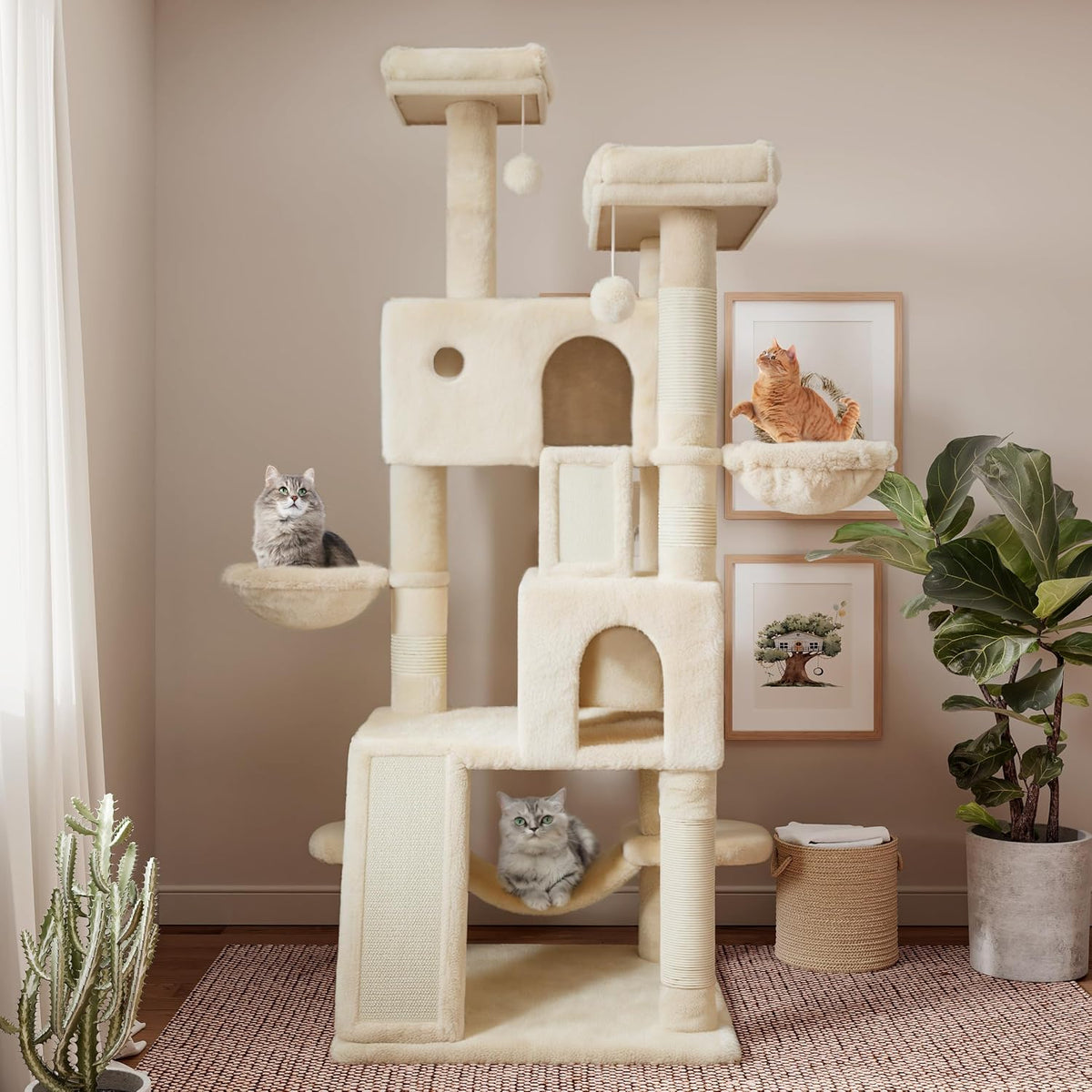 Beige 65" Multi-Level Cat Tree Tower with Plush Perches and Hammock