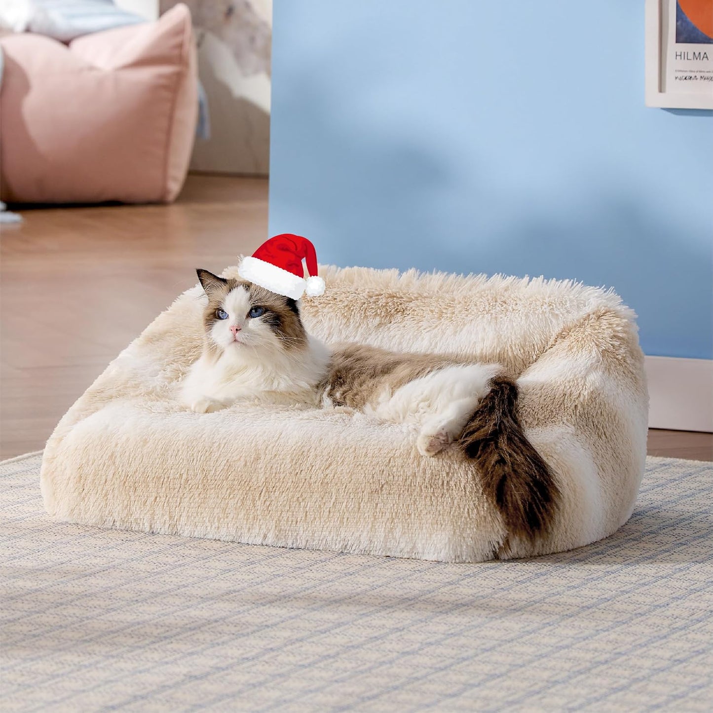 Beige Stripe Furry Washable Cat Bed Large 26x21x9