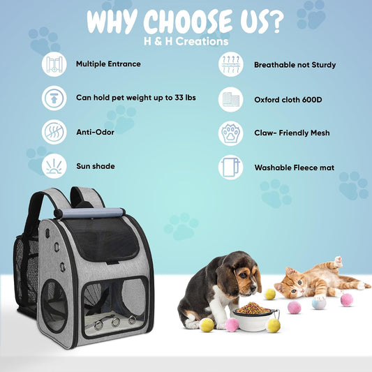 Expandable Large Cat Backpack Carrier 33lbs with Toy Balls and Folding Bowl