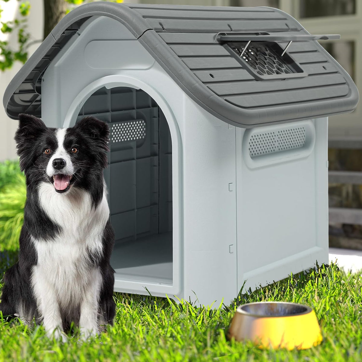 34.3" Foldable Plastic Dog House Waterproof Adjustable Top Window