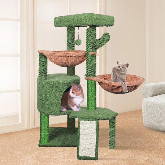 Green Three-Layer Cat Tree with Condo and Two Hammocks