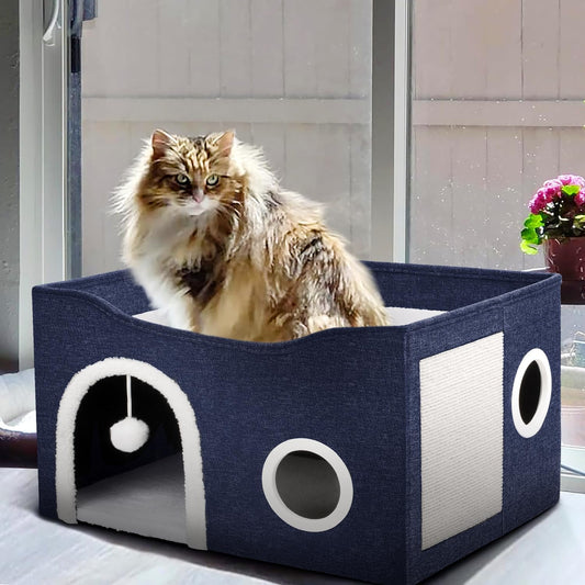 Foldable Covered Cat Bed Cave for Multi Pets with Scratch Pad