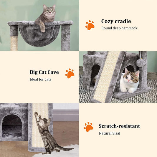 Light Grey Modern Activity Cat Tower with Scratching Board Cradle