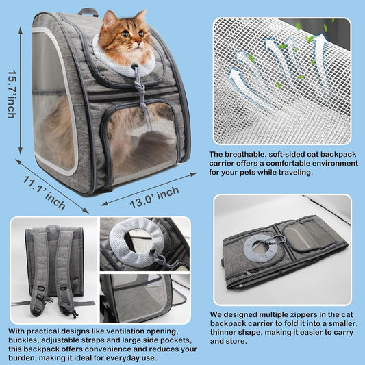 Soft-Sided Cat Carrier Backpack with Foldable Travel Litter Box