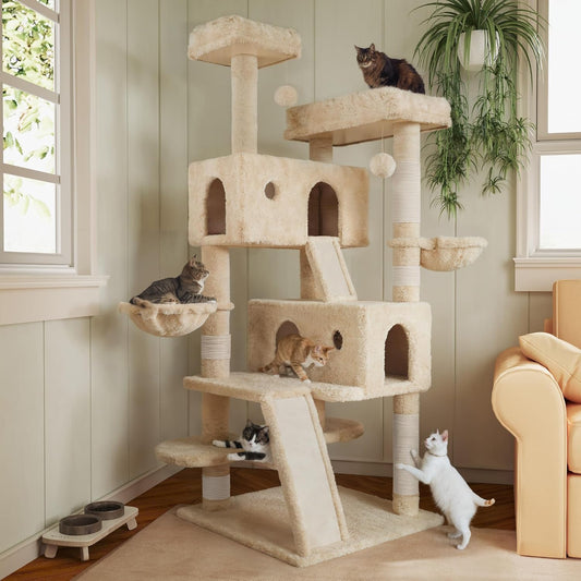 Beige 66" Multi-Level Cat Tree Tower with Condo Baskets Hammock