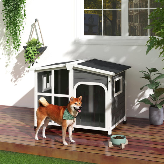 Grey Cabin-Style Large Wooden Dog House Openable Roof Giant Window