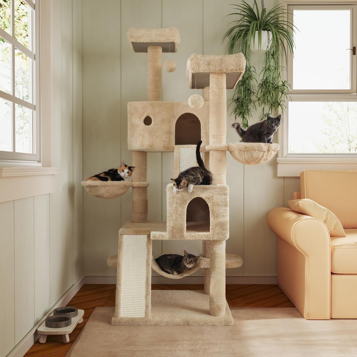 Beige 66" Multi-Level Cat Tree Tower with Condo Baskets Hammock