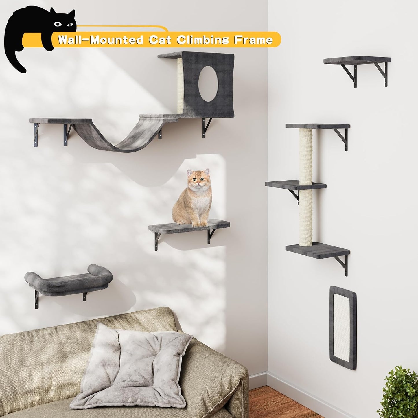 Dark 6-Piece Wall-Mounted Cat Furniture Set with Climber Scratcher