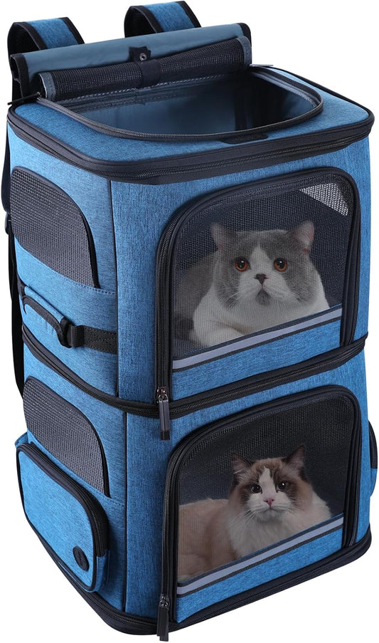 Blue Double Compartment Cat Dog Carrier Backpack for Two Pets