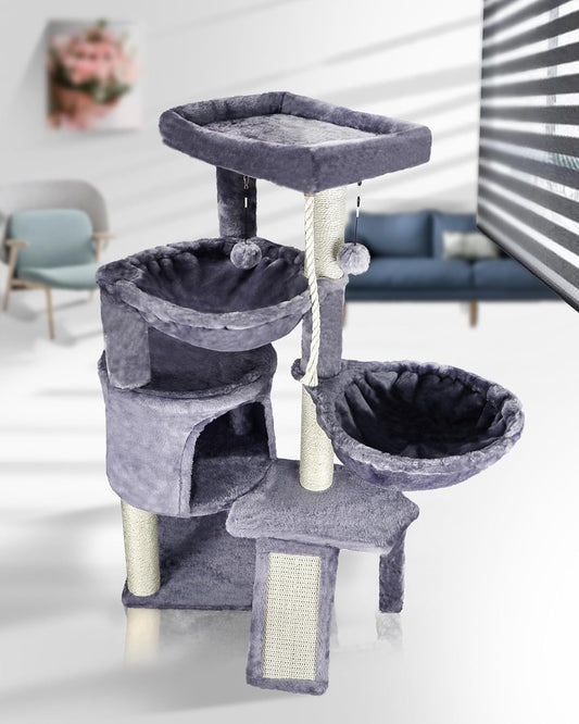 Grey Three-Layer Cat Tree with Condo and Two Hammocks