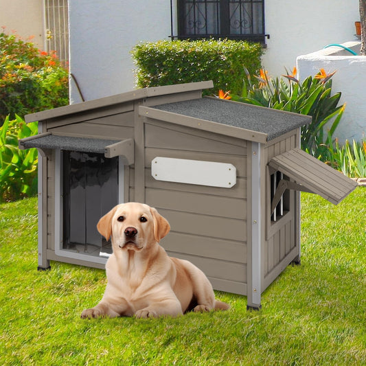 Grey 34" Wooden Dog Kennel Indoor/Outdoor Chew-Proof Adjustable Window