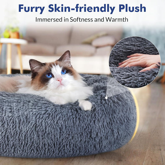 Dark Grey Washable Fluffy Round Donut Cat Bed 20"