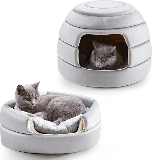 2-in-1 Foldable Velvet Cat House with Washable Cushion