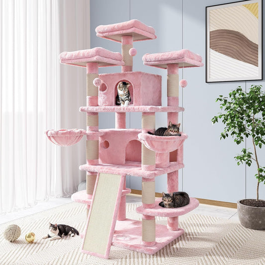Pink 68" Multi-Level Cat Tree with Plush Perches and Cave
