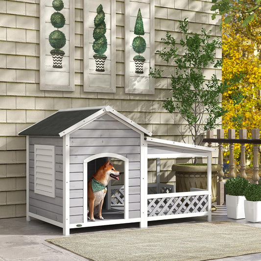Light Gray Cabin-Style Wooden Dog House with Porch Asphalt Roof