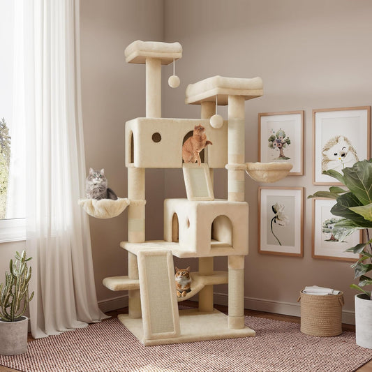 Beige 65" Multi-Level Cat Tree Tower with Plush Perches and Hammock