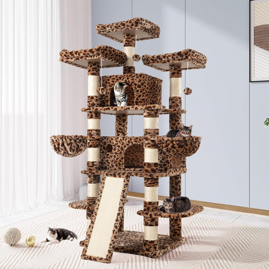 68" Leopard Print Cat Tree with Condo and Scratching Posts