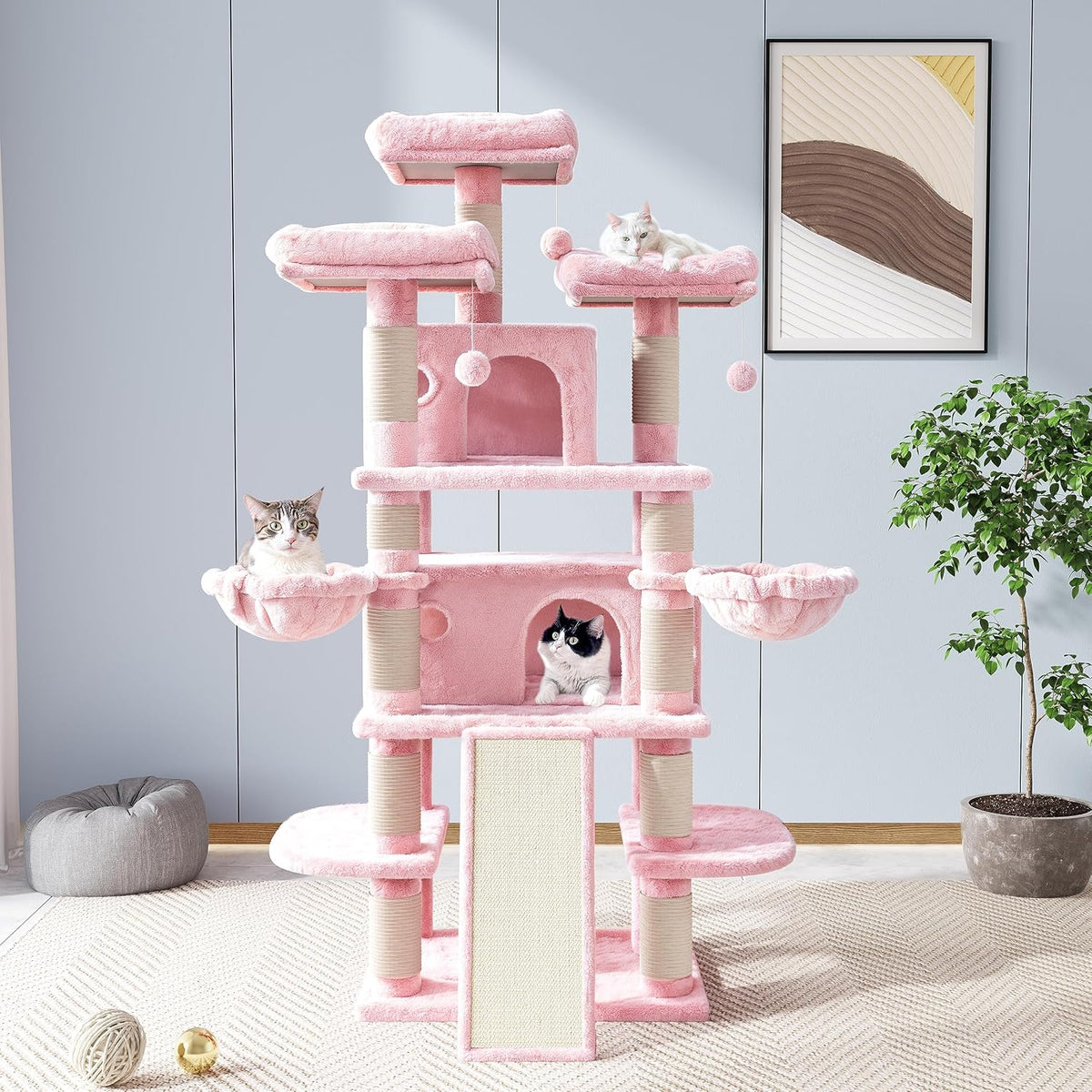 Pink 68" Multi-Level Cat Tree with Plush Perches and Cave