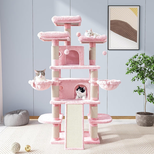 Pink 68" Multi-Level Cat Tree with Plush Perches and Cave