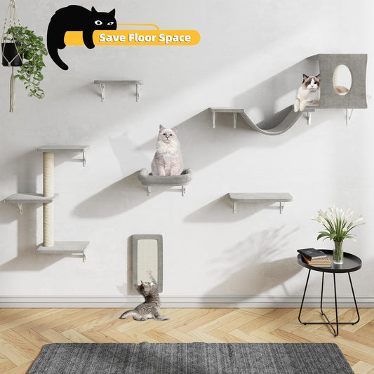 Grey 6-Piece Wall-Mounted Cat Furniture Set with Climber
