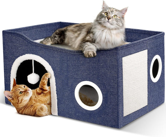 Foldable Covered Cat Bed Cave for Multi Pets with Scratch Pad