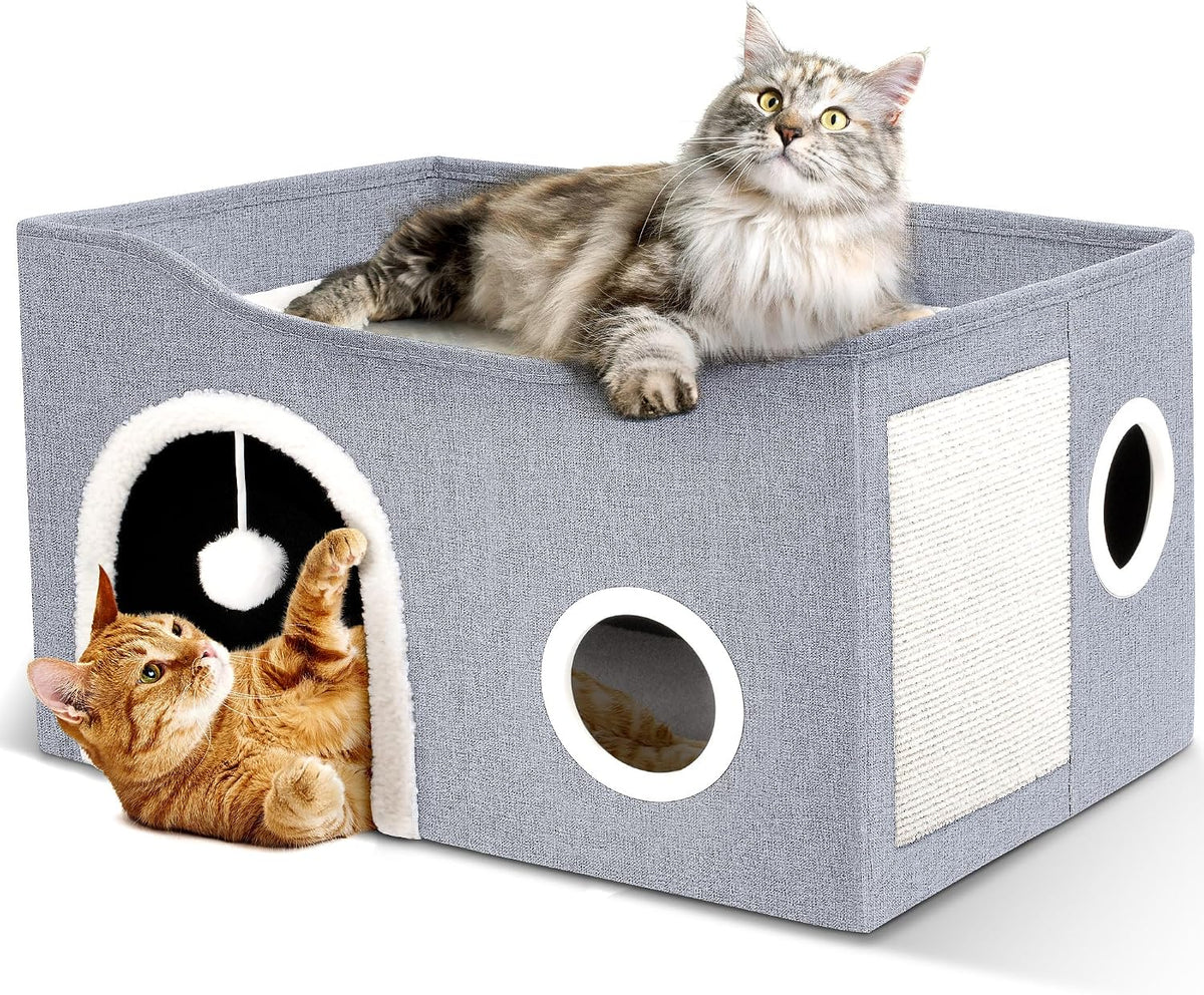 Foldable Large Cat Bed Cave with Fluffy Ball and Scratch Pad