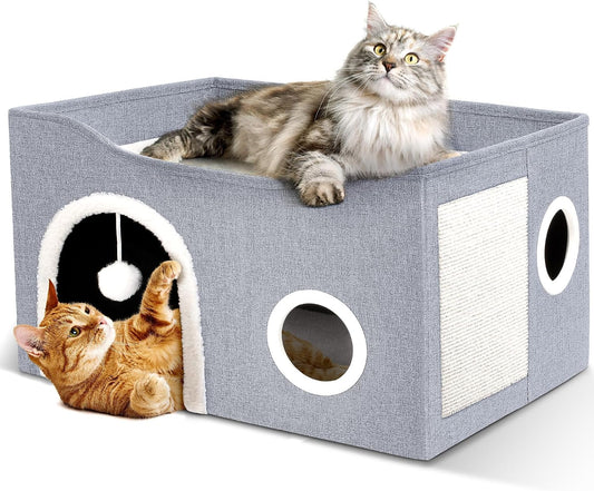 Foldable Large Cat Bed Cave with Fluffy Ball and Scratch Pad